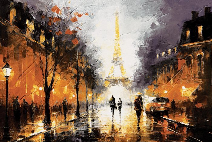 Une rue parisienne illuminée la nuit avec la tour eiffel