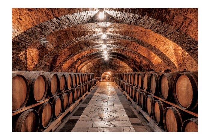 Cave en pierre avec tonneaux de vin en bois
