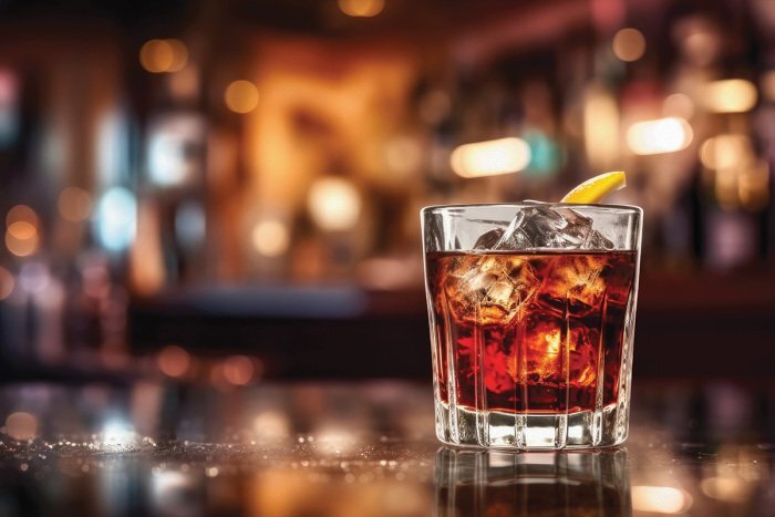 Un verre de whisky avec des glaçons sur fond de bar