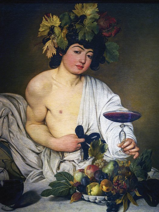 Bacchus entouré de raisins juteux et de fruits
