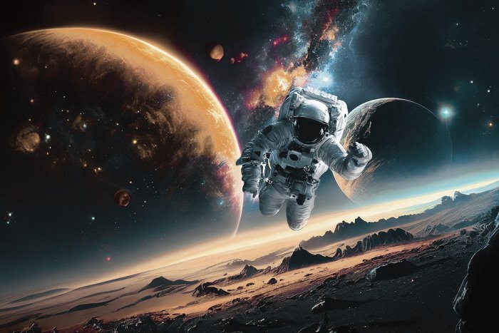 Astronaute sur fond d'étoiles et de planètes