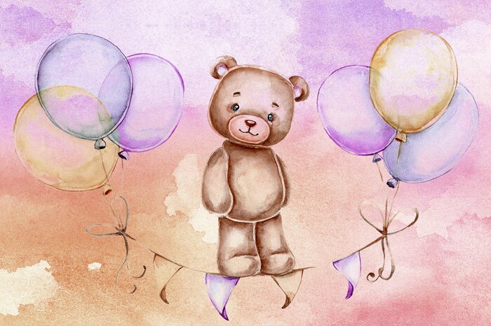 Un ours dans des nuages pastel avec des ballons