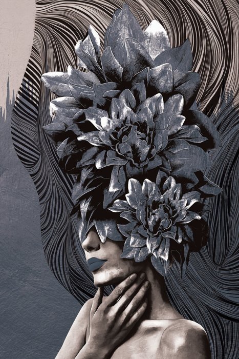 Une figure féminine entourée d'un motif floral