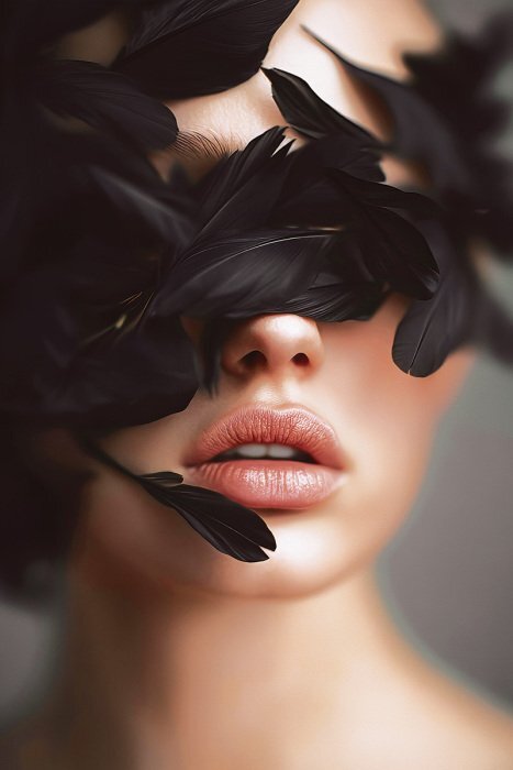 Une femme avec des plumes ornant son visage