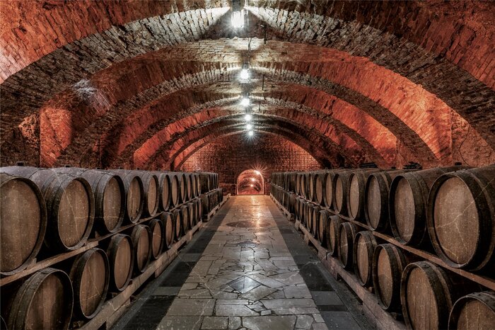Tunnel en pierre avec des barriques dans la cave