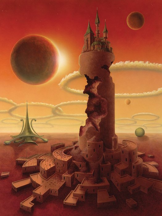 Une ville au pied d'une tour sur une planète extraterrestre