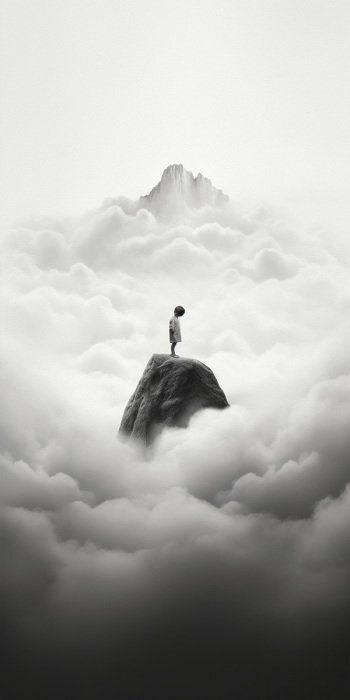 Enfant sur un rocher dans une mer de brouillard