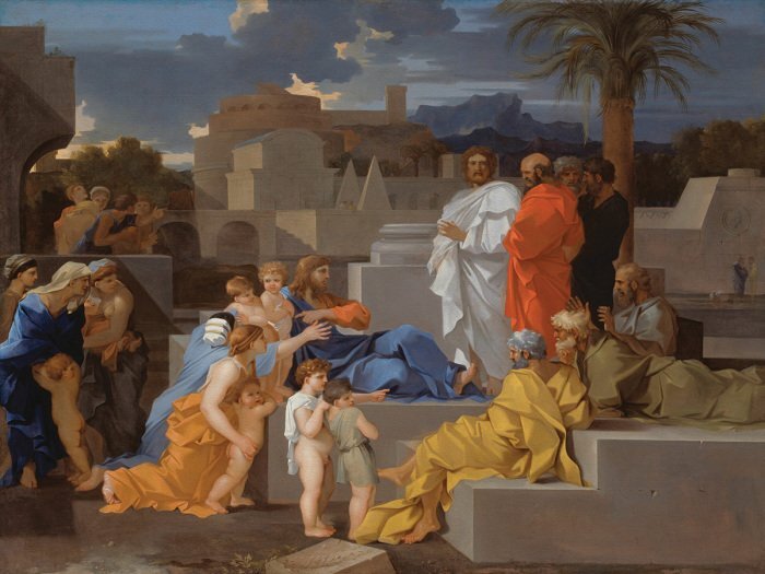 Des gens dans une ancienne cité avec des palmiers