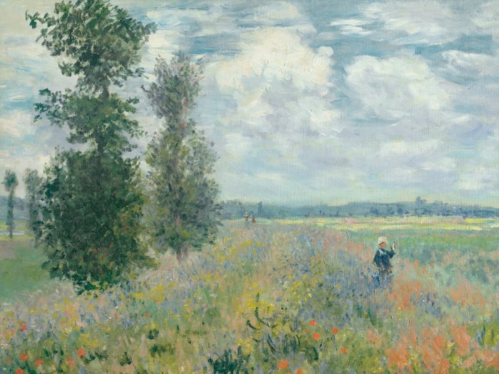 Une prairie vibrante, pleine de fleurs et d'arbres colorés.