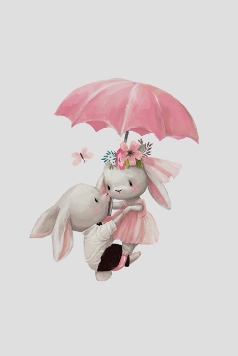 Adorable scène avec un lapin, un papillon et un parapluie.