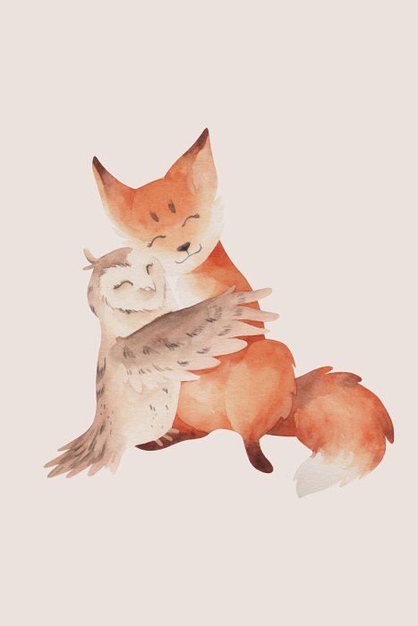 Un hibou et un renard enlacés tendrement sur un fond clair