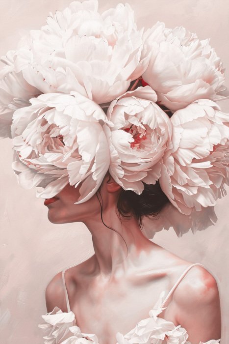 Portrait d'une femme portant une couronne de pivoines sur la tête