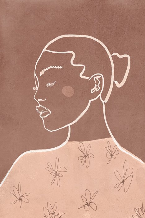 Un croquis subtil d'une femme avec un motif floral