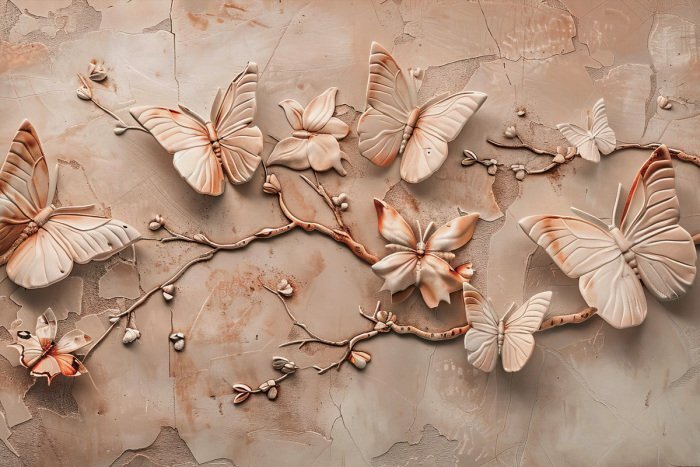 Papillons avec effet de profondeur sur une surface en béton