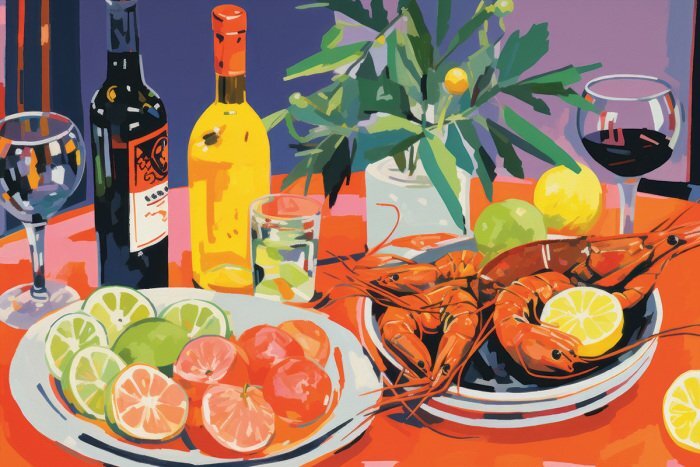 Un délicieux mélange de crevettes, de fruits et de vin