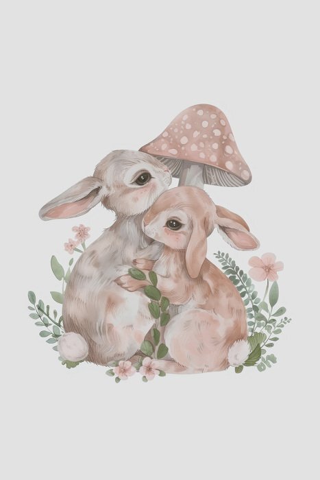 Des lapins parmi les feuilles et les champignons rouges