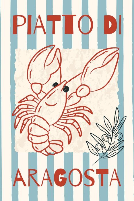 Illustration d'un homard avec une branche d'olivier sur un fond rayé