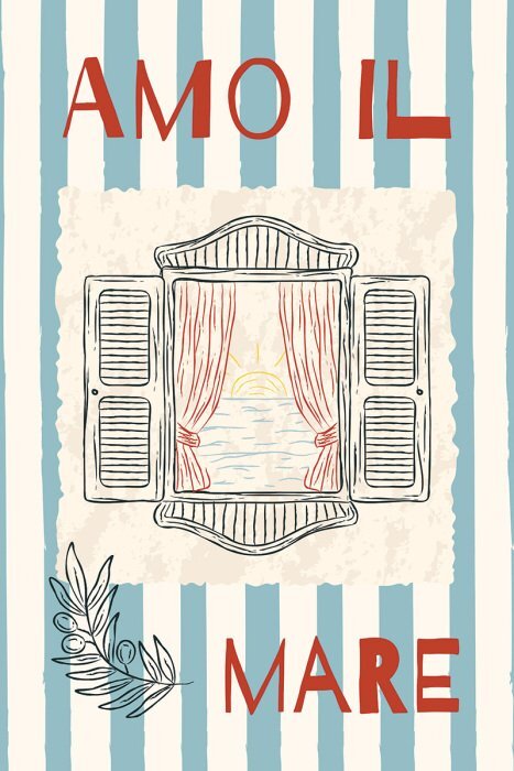 Croquis d'une fenêtre ouverte donnant sur des vagues calmes