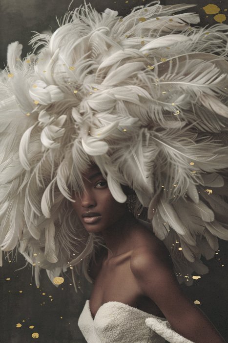 Une femme élégante avec une parure de plumes sur la tête