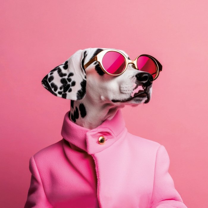 Un portrait expressif d'un dalmatien dans des tons de rose.