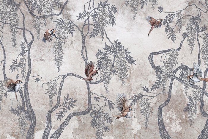 Arbres naturels avec végétation verte et oiseaux