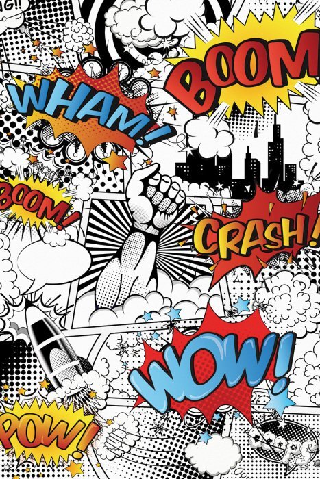 Bande dessinée en noir et blanc avec texte en couleur