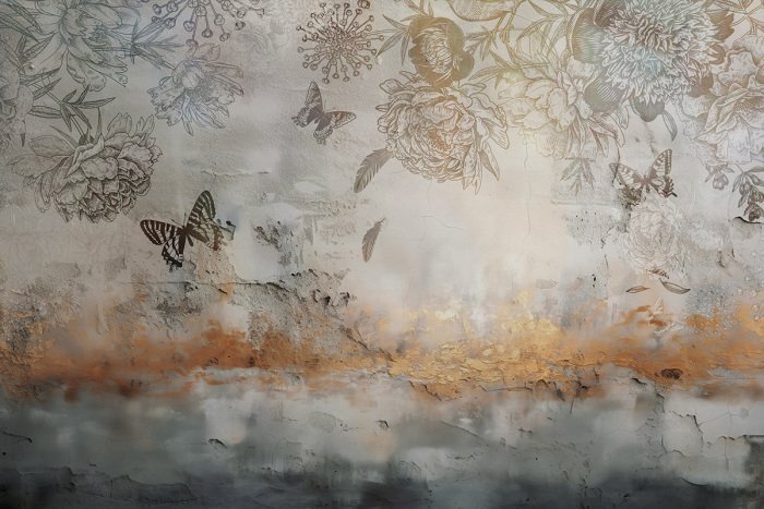 Croquis de fleurs et de papillons sur un mur en béton