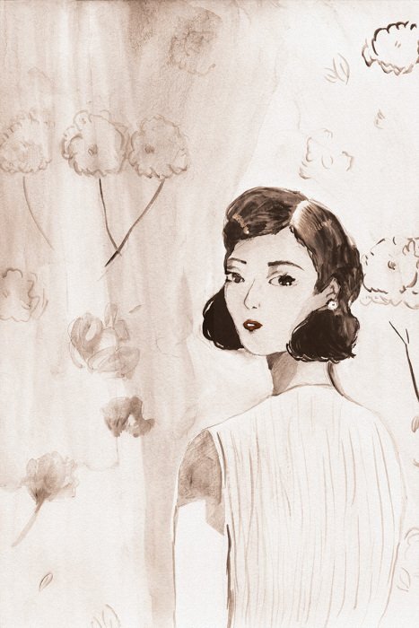 Un élégant croquis d'une femme entourée de fleurs.