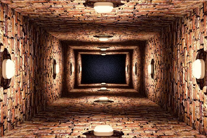 Long couloir en briques avec des lampes