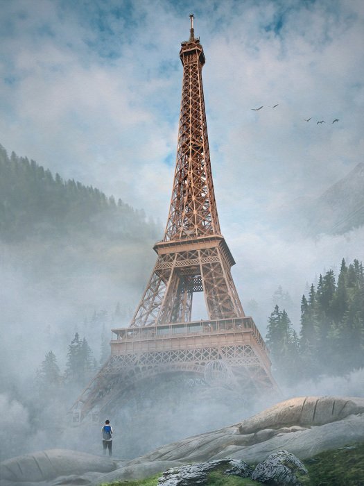 Le symbole de la france dans un paysage mystérieux