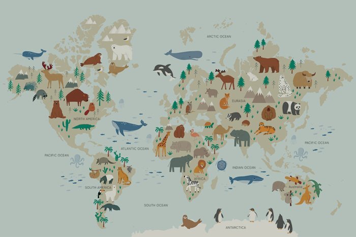 Carte du monde éducative avec des animaux