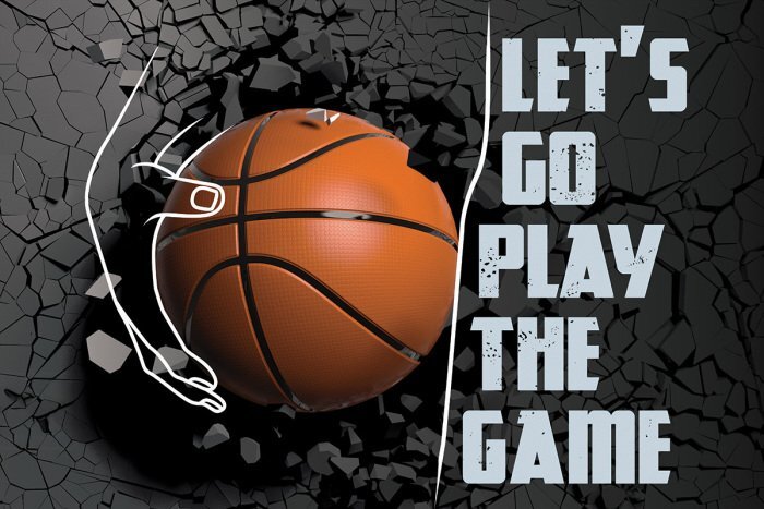 Un ballon de basket sur un mur en béton avec des inscriptions dessus