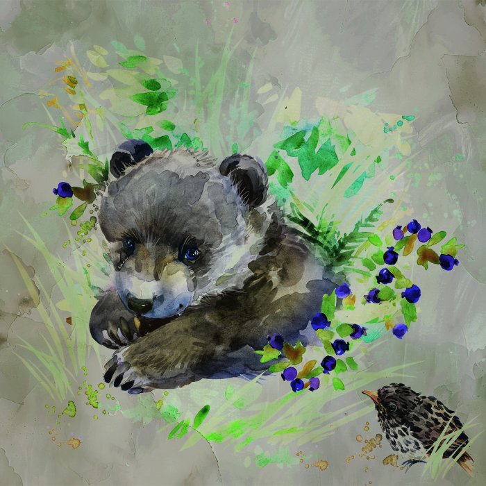 Ours avec un oiseau dans une aquarelle subtile
