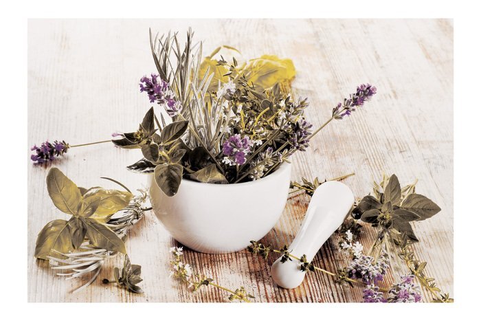 Mortier en céramique avec herbes fraîches