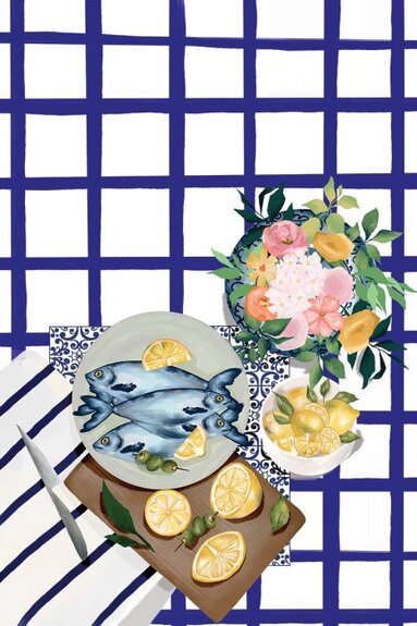 Un arrangement coloré de poissons avec des tranches de citron et des fleurs