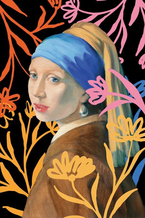 Portrait de la jeune fille à la perle avec des plantes néon