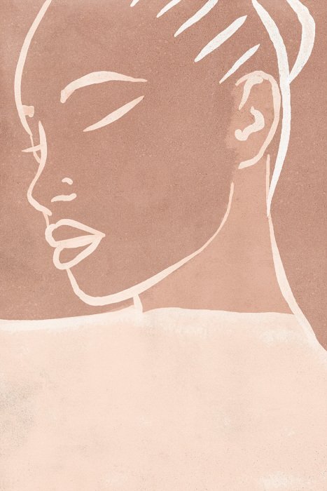 Un dessin minimaliste représentant le visage d'une femme sur un fond aux tons chauds.