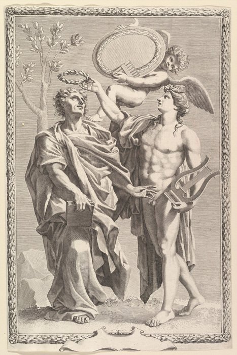 Apollon avec un poète et un ange portant une couronne de laurier