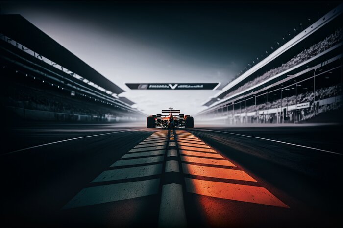 La voiture est prête à démarrer, entourée des tribunes.