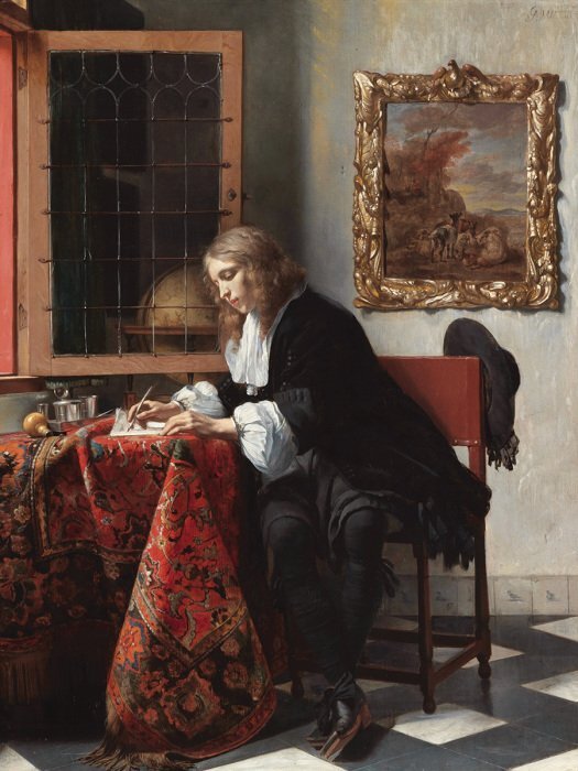 Reproduction d'un homme écrivant une lettre par gabriel metsu