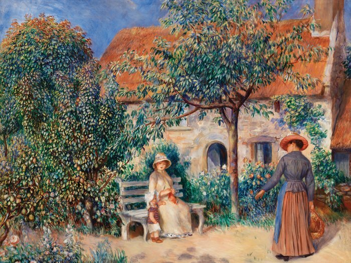 Une femme et un enfant dans un verger familial