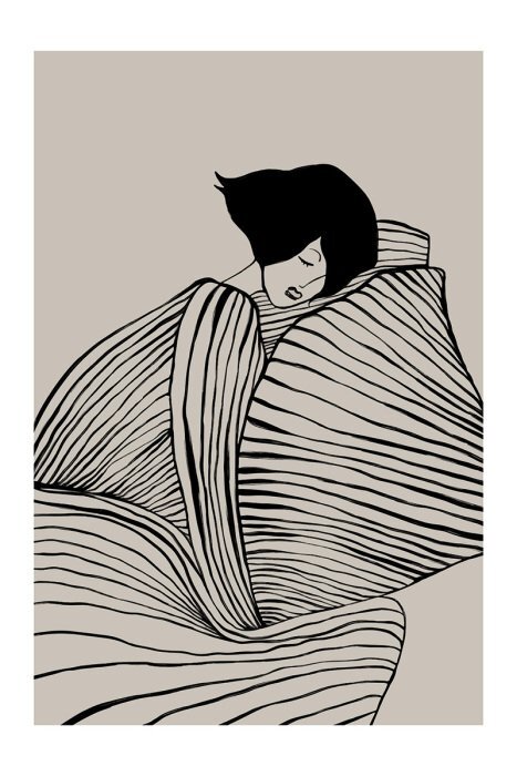 Un croquis minimaliste d'une femme en robe à bretelles.