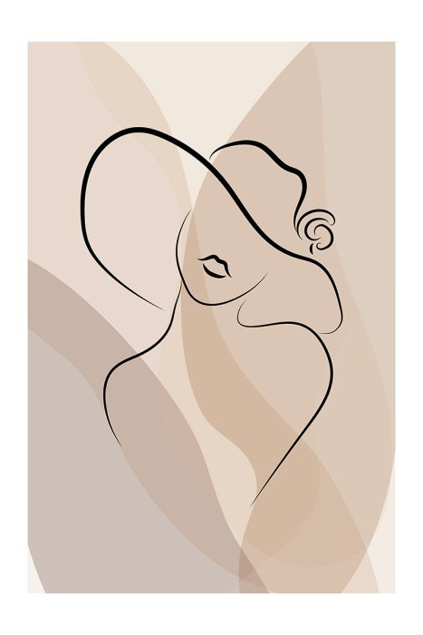 Un croquis linéaire subtil de la silhouette d'une femme portant un chapeau.