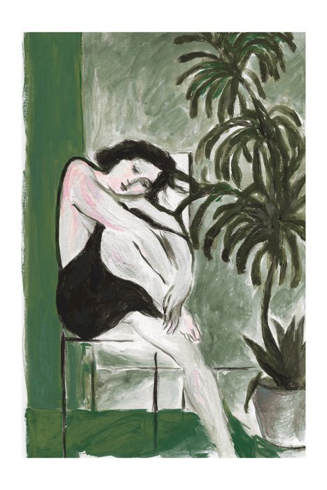 Portrait de femme en vert peint sur fond naturel