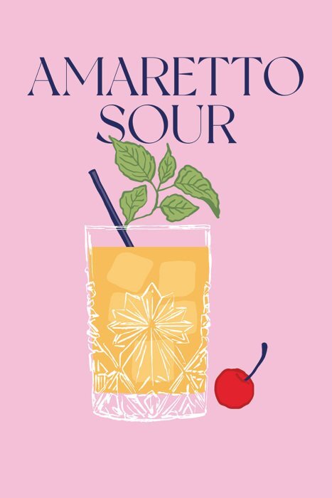 Croquis d'un cocktail de luxe avec une cerise et des détails textuels