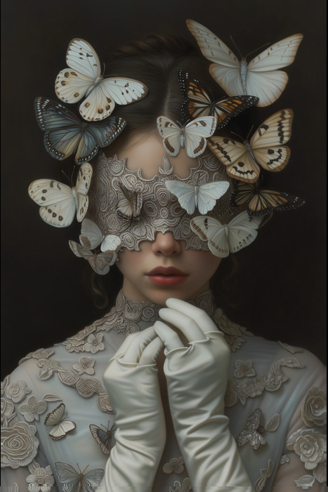 Portrait d'une femme parmi des papillons blancs et beiges
