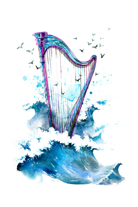 Harpe sur la mer et oiseaux volants