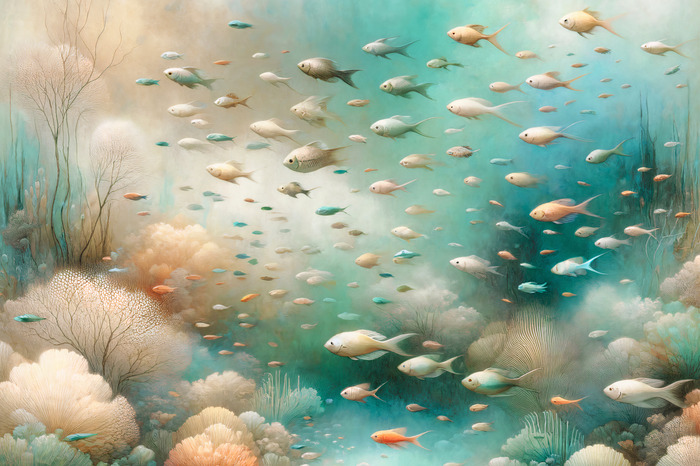 Récif corallien aux teintes pastel et poissons dans l'océan