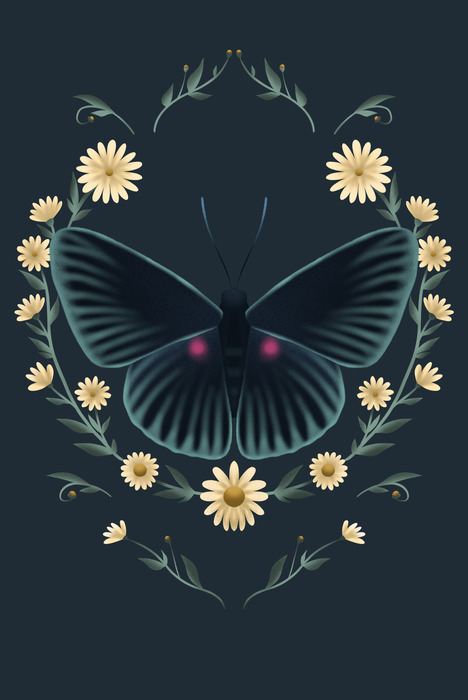 Papillon sombre dans un cadre floral