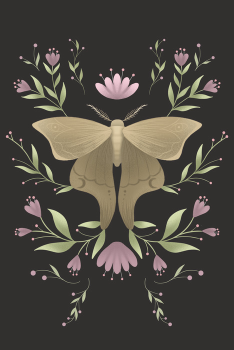 Papillon beige dans une composition florale symétrique